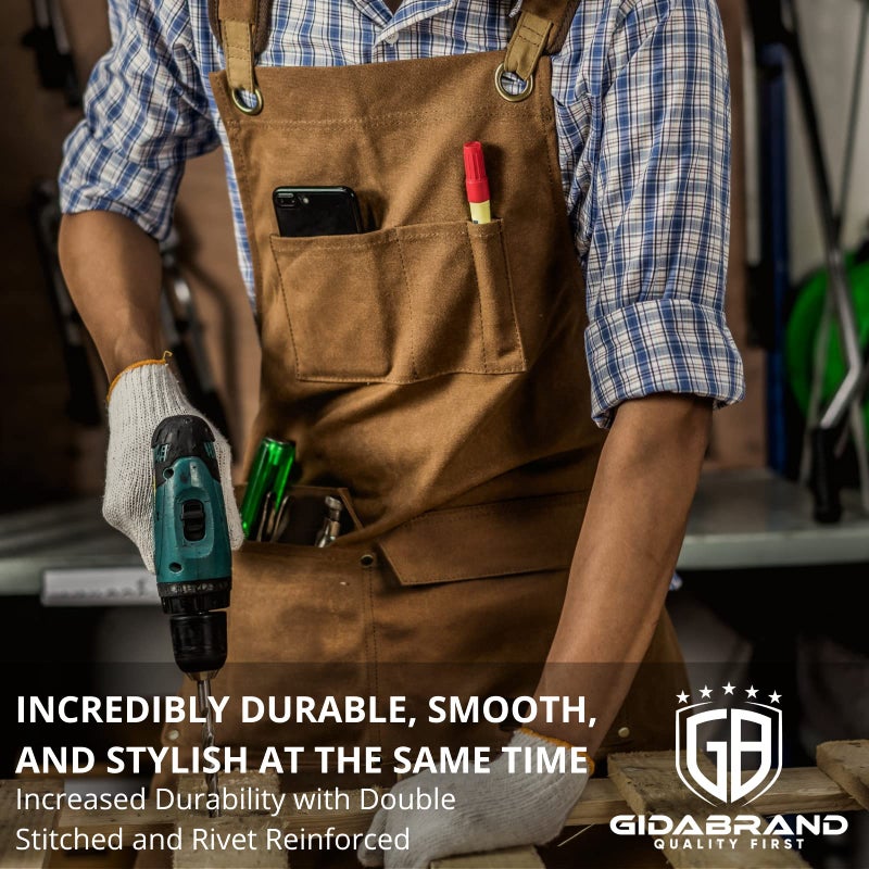 GIDABRAND Woodworking Shop Aprons for Men and Women | 16 oz Durable Waxed Canvas Work Apron with Pockets | Cross-Back Straps | Adjustable Tool Apron Up To XXL | Gift for Woodworker - Bring a Smile to Their Face - Image 5